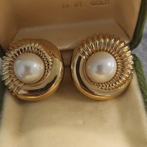 CINER Classic Gold Pearl Button Earrings - 14K Style...NOT GOLD